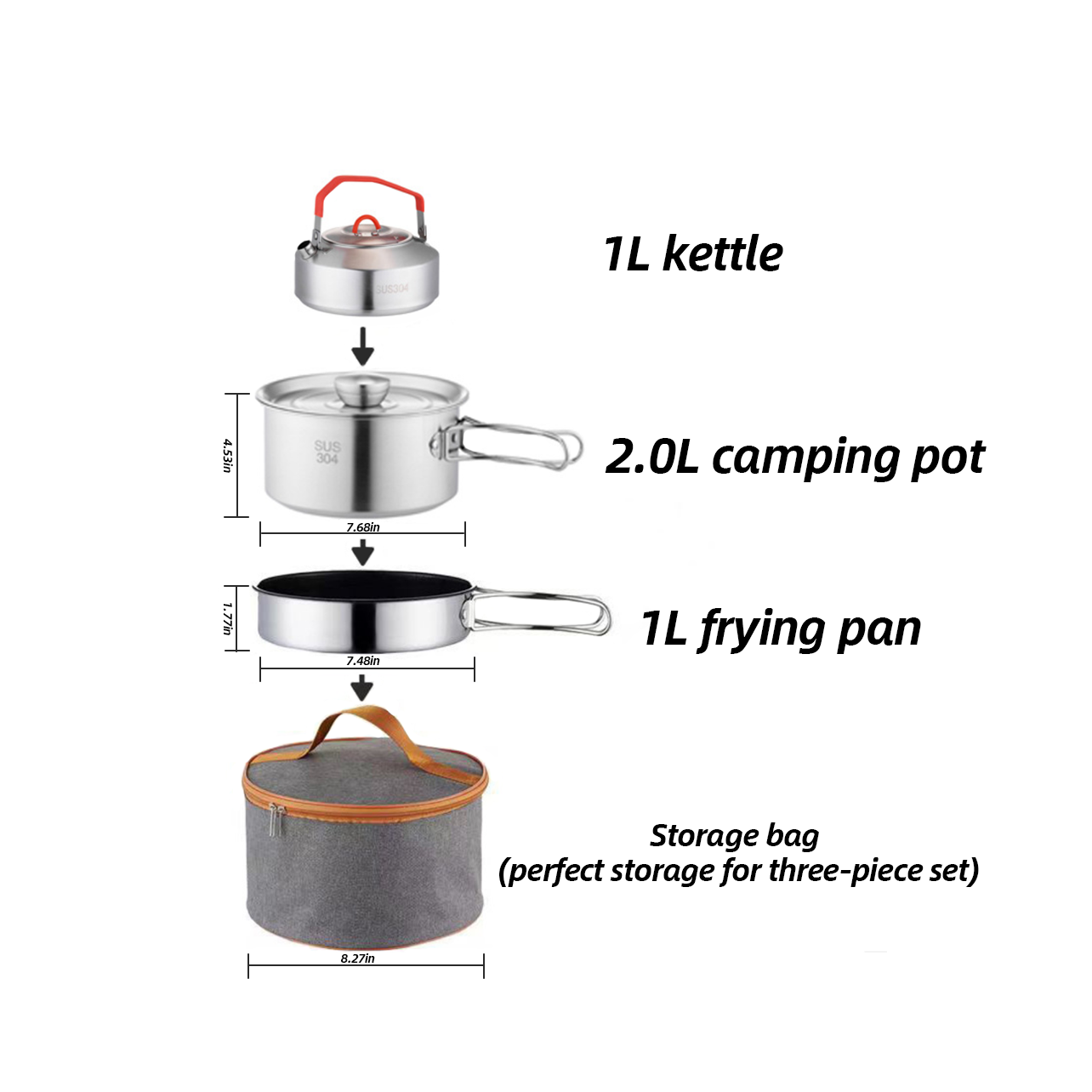 Miacie Stackable 3-Pot Camping Set – Durable Stainless Steel with Convenient Storage Bag